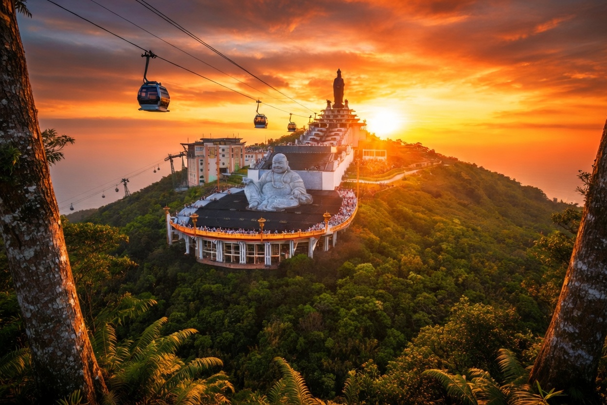 Ho Chi Minh City streets at golden hour with Ba Den Mountain visible on the horizon